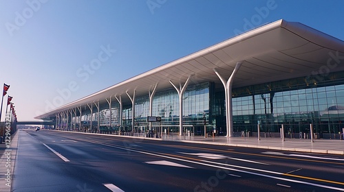 Modern airport terminal exterior, sunny day, roadway.  Travel website use