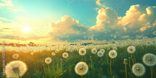 Dandelion field at sunrise nature photography vibrant landscape summer scenic viewpoint peaceful serenity