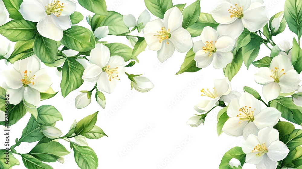 Fototapeta premium Watercolor White Jasmine Flowers Floral Border Design