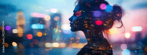 Double exposure of a human silhouette blended with a dynamic cityscape and drifting clouds, symbolizing urban life, dreams, and the connection between people and modern cities.