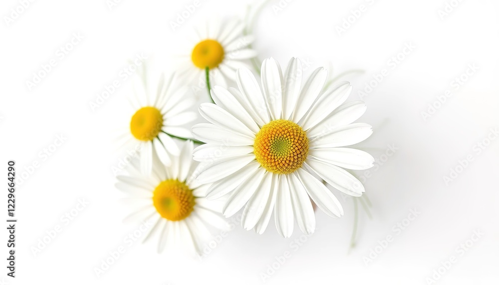 Obraz premium top view of the chamomile head bud isolated on a white background. concept - decoration, gift, floristry, postcard, health, herbal. Space for text, copyspace