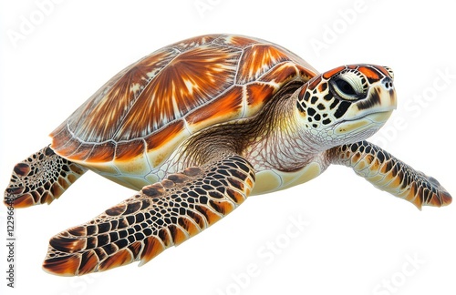 Realistic depiction of a beautifully detailed sea turtle swimming gracefully under ocean waters, showcasing vibrant colors and intricate patterns on shell photo