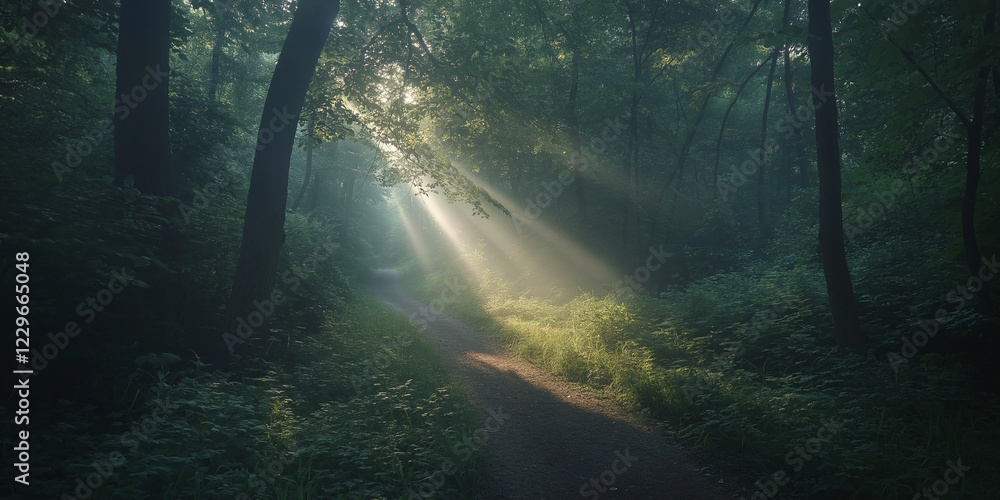 Naklejka premium Sunlight filtering through trees serene forest path nature photography tranquil environment ground level view peaceful atmosphere for relaxation