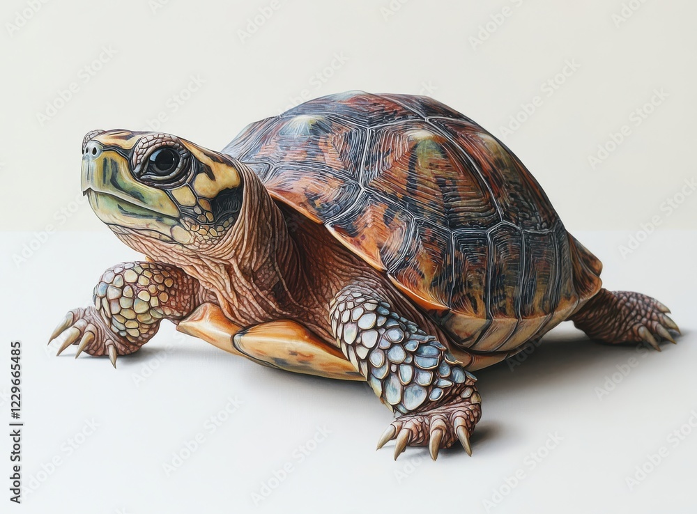 Fototapeta premium Realistic depiction of a turtle showcasing detailed textures and vibrant colors, emphasizing its unique shell patterns and lifelike features in a bright setting.