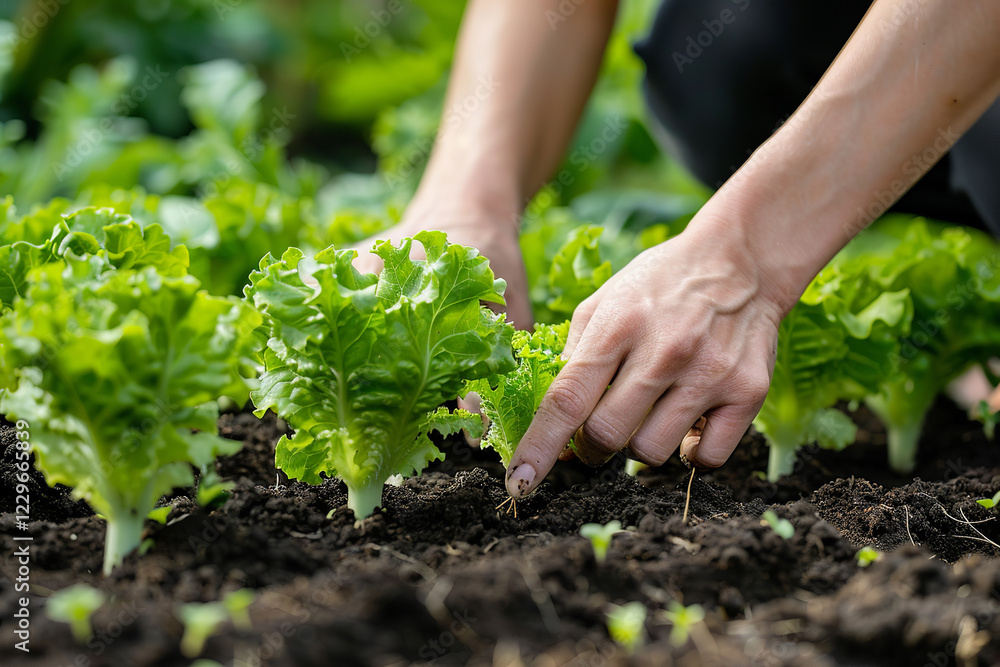 A person is tending to a garden of lettuce. The person is touching the lettuce plants, and the plants are growing in the dirt. A person is tending to a garden of lettuce. The person is touching the lettuce plants, and the plants are growing in the dirt.