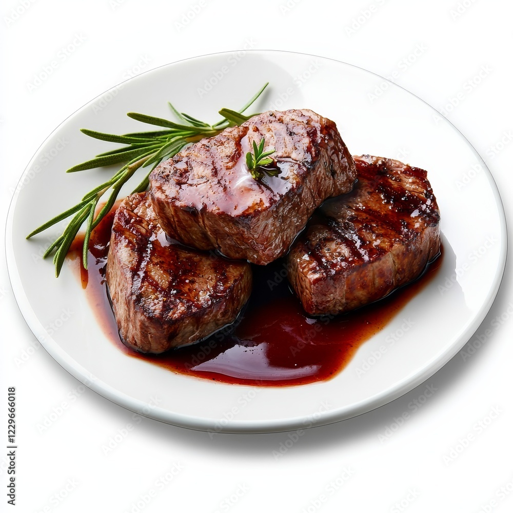 A plate of tender filet mignon with red wine reduction, isolated white background, classic realism art style A plate of tender filet mignon with red wine reduction, isolated white background, classic realism art style