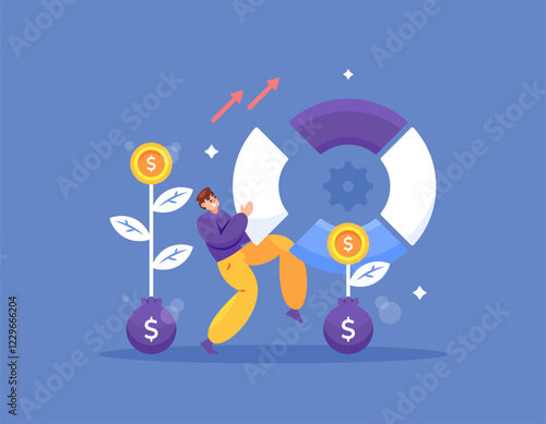 investment management concept. illustration of a businessman managing and selecting assets or stocks to invest in. profit, return, economy and finance. graph. flat style design. elements