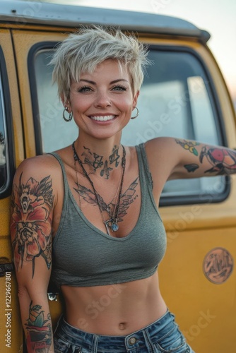 A smiling woman with tattoos poses confidently by a vintage van, showcasing her unique style and vibrant personality. Copy space