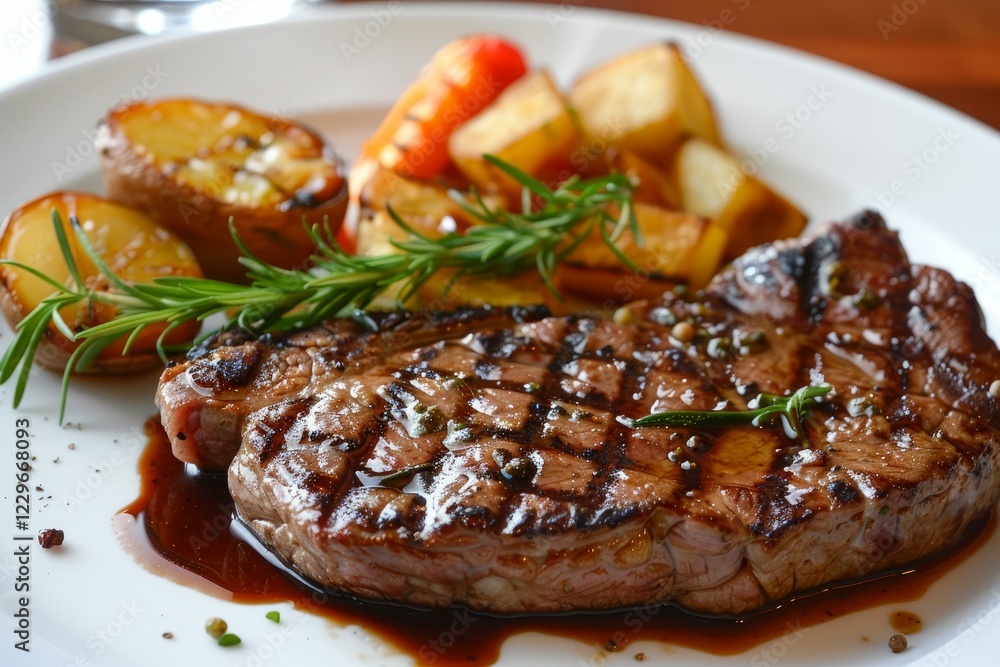 Delicious grilled steak served with roasted potatoes and rosemary on a white plate, creating an appetizing culinary scene Delicious grilled steak served with roasted potatoes and rosemary on a white plate, creating an appetizing culinary scene