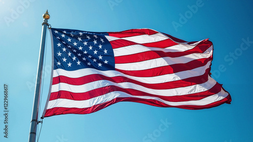 Majestic American Flag Billowing in the Breeze, Ideal for Independence Day Promotions, Patriotic Advertisements, and Educational Resources