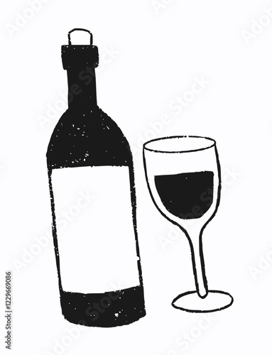 Abstract ink wine bottle and glass on isolated background. Crayon beverage in trendy sketch style