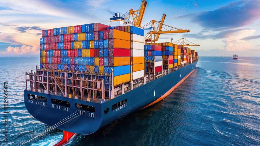 Fototapeta premium Large container ship carrying goods across the ocean at sunset