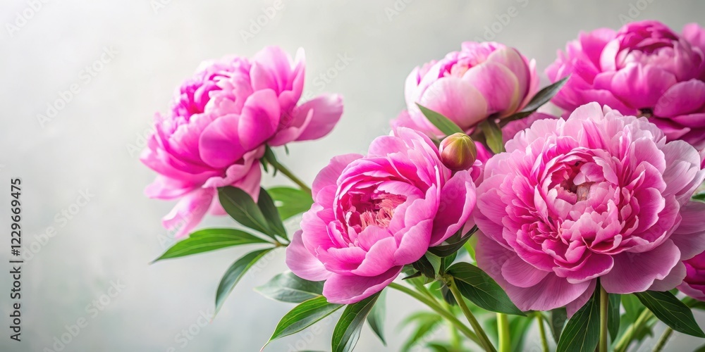 Vibrant pink peonies against a soft white background with delicate greenery and subtle texture , spring foliage, botanical photography Vibrant pink peonies against a soft white background with delicate greenery and subtle texture , spring foliage, botanical photography