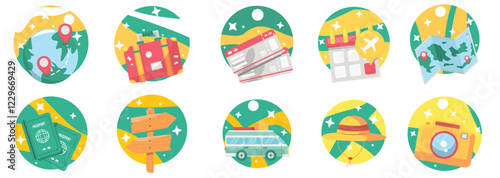 Elegant Travel Icons With Beautiful Futuristic Art Style