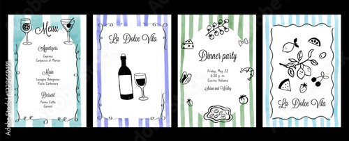 Hand draw la dolce vita breakfast doodles. Posters with food crayon drawing style. Minimalist line art. Flier for invitations, menus design