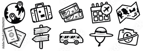 Elegant Travel Icons With Beautiful Black Outline Fresh Style