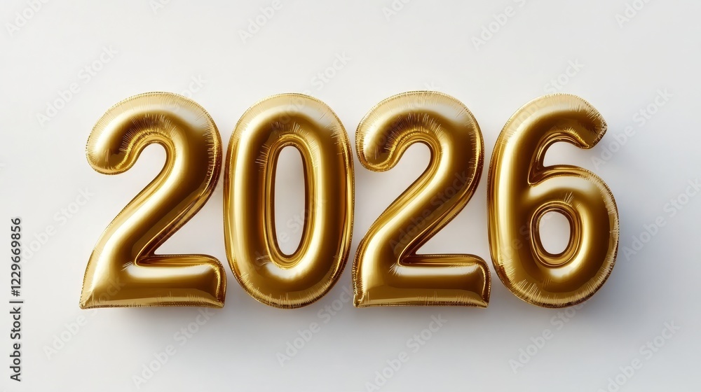 Gold Balloons Form The Number 2026, Representing The New Year, Celebration, On A White Background Gold Balloons Form The Number 2026, Representing The New Year, Celebration, On A White Background