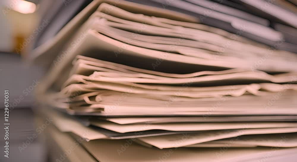 Stack of assorted papers and documents in office workspace setting Stack of assorted papers and documents in office workspace setting