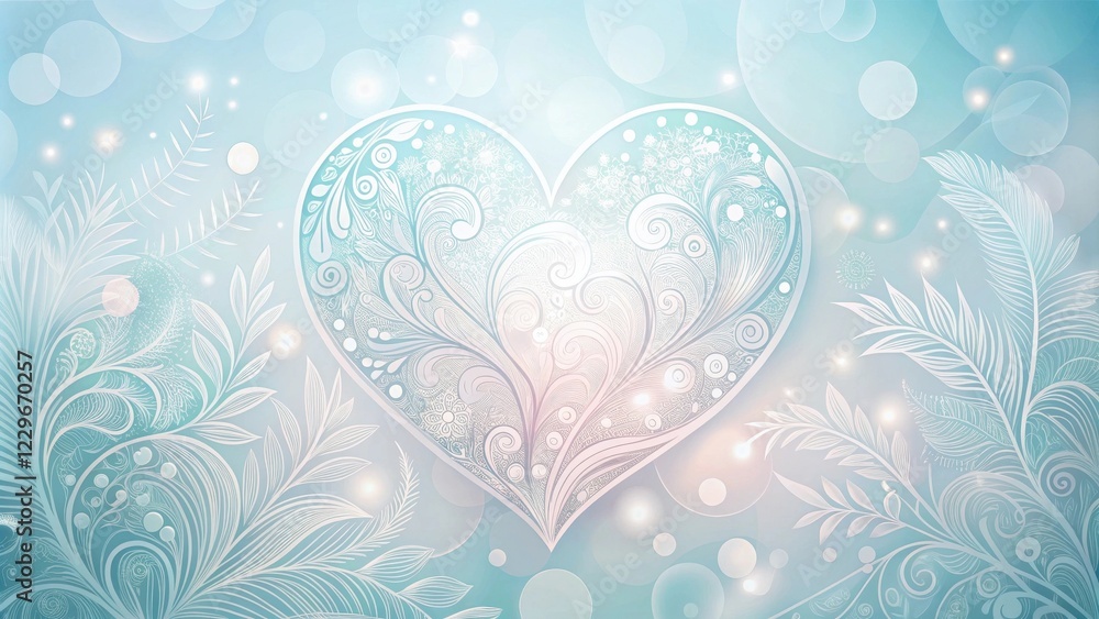 Ornate Heart Shaped Floral Design on Soft Blue Background with Glowing Lights Ornate Heart Shaped Floral Design on Soft Blue Background with Glowing Lights