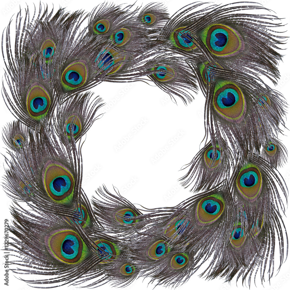 Obraz premium Peacock feathers on watercolor background. A collage of feathers on the background of watercolors. A collage of feathers. Repeating pattern of feathers.