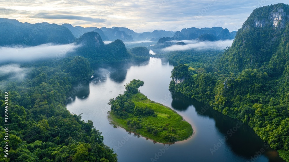Aerial view of a serene river winding through lush green mountains and misty valleys at sunrise. Aerial view of a serene river winding through lush green mountains and misty valleys at sunrise.