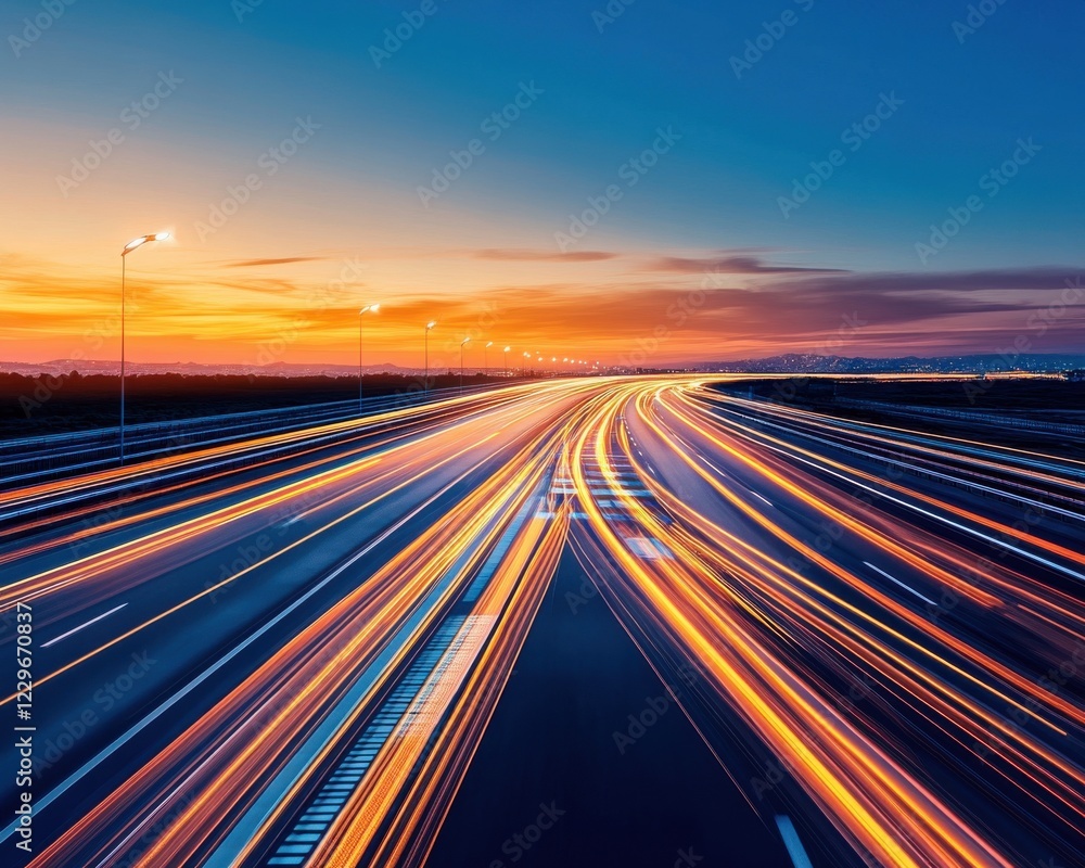 A vibrant sunset casts colorful light trails over a highway, showcasing the dynamic flow of traffic in motion against a serene backdrop. A vibrant sunset casts colorful light trails over a highway, showcasing the dynamic flow of traffic in motion against a serene backdrop.
