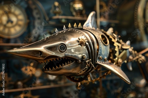 Intricate metalwork and gears compose a steampunk shark sculpture, blending marine life with industrial aesthetics photo