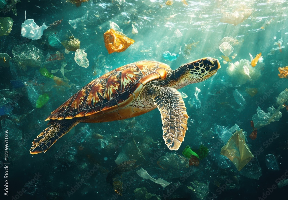 Fototapeta premium Sea Turtle Swimming in Polluted Ocean Surrounded by Plastic Waste and Debris Under Bright Sunlight Filtering Through Water Surface