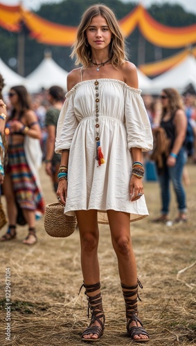  A girl in a cotton offshoulder dress with gladiator sandals on a festival scene photo