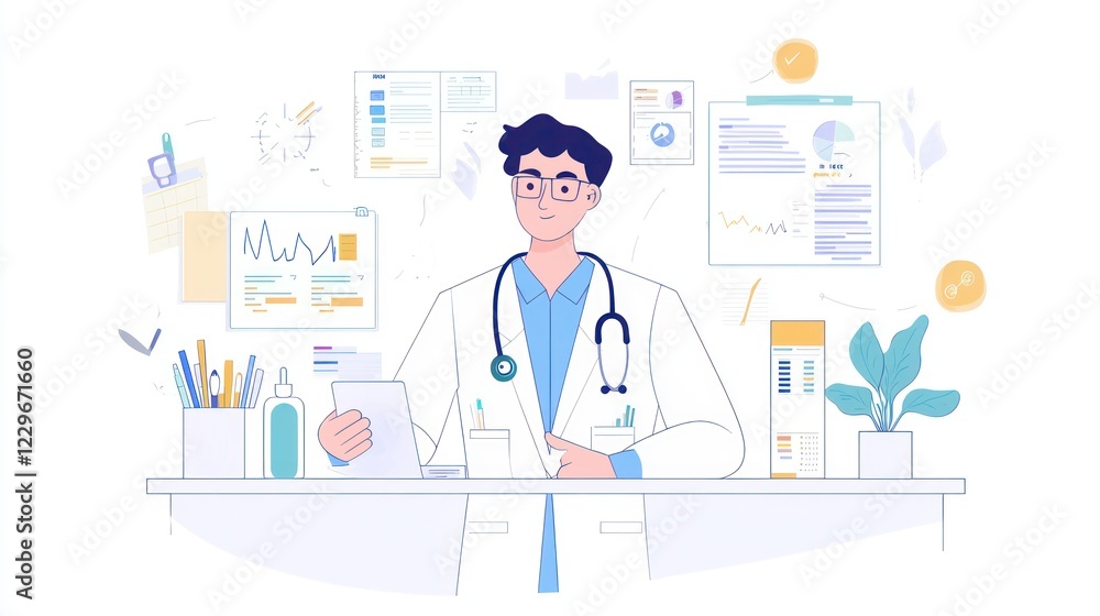 A healthcare administrator overseeing clinic operations, with healthcare reports and office supplies on a white background. A healthcare administrator overseeing clinic operations, with healthcare reports and office supplies on a white background.