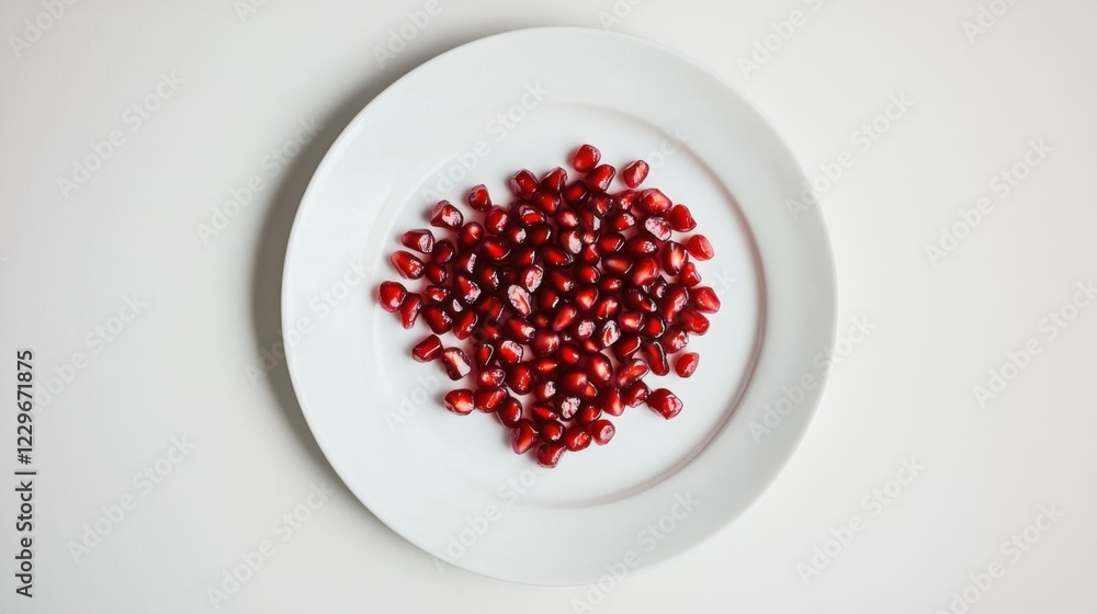A minimalist plate of fresh pomegranate seeds, neatly arranged in a simple pattern on a plain white ceramic plate, Pomegranate seeds centered A minimalist plate of fresh pomegranate seeds, neatly arranged in a simple pattern on a plain white ceramic plate, Pomegranate seeds centered