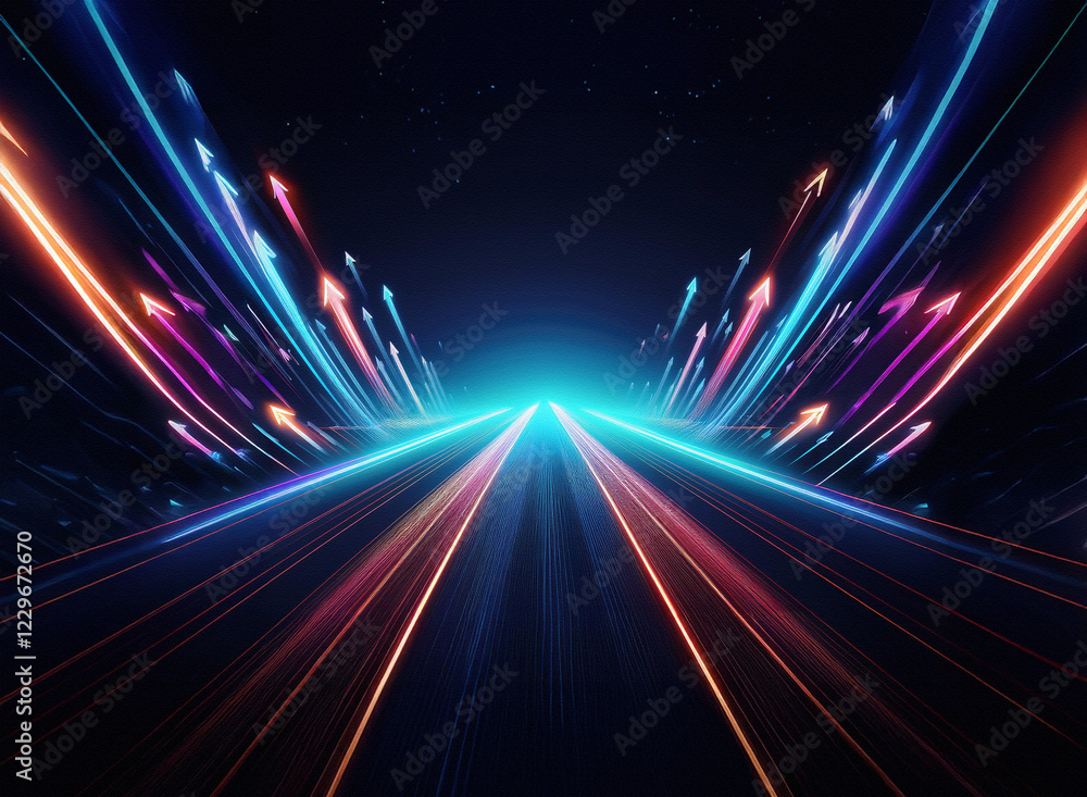 A vibrant, futuristic highway stretches into the darkness, illuminated by streaks of colorful light, suggesting speed and progress. The perspective is from within the road, creating a sense of moveme A vibrant, futuristic highway stretches into the darkness, illuminated by streaks of colorful light, suggesting speed and progress. The perspective is from within the road, creating a sense of moveme