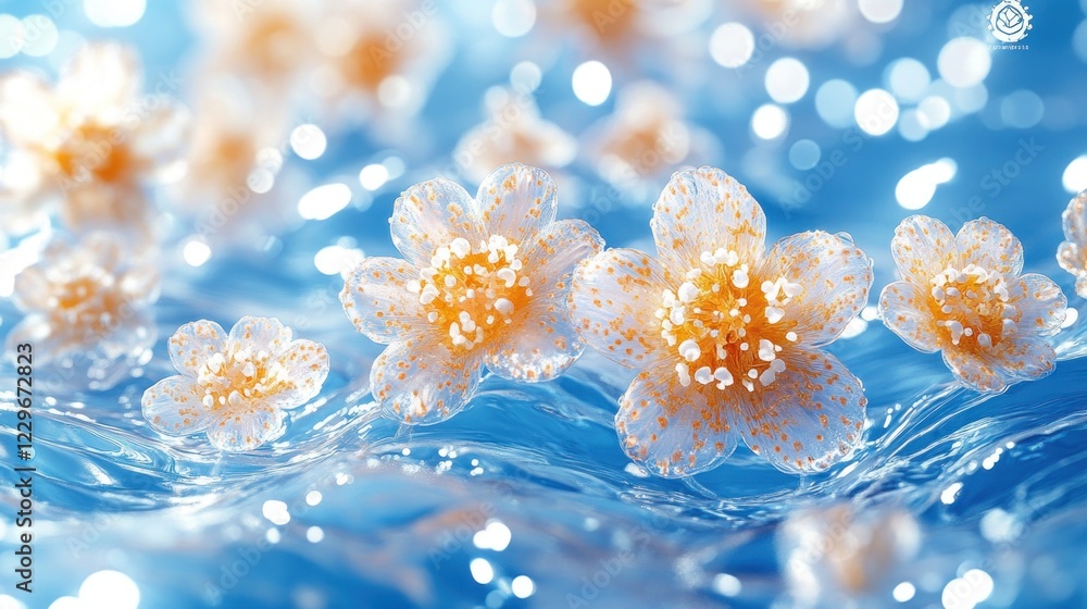Delicate white flowers float on rippling blue water with bokeh lights. Delicate white flowers float on rippling blue water with bokeh lights.
