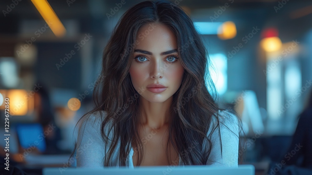 Fototapeta premium young businesswoman using pc for online banking and analysis in modern office workspace