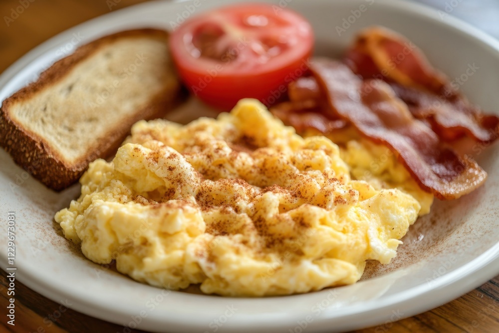 Delicious breakfast delight fluffy scrambled eggs crispy bacon and toast served in a cozy diner setting perfect for a morning boost Delicious breakfast delight fluffy scrambled eggs crispy bacon and toast served in a cozy diner setting perfect for a morning boost
