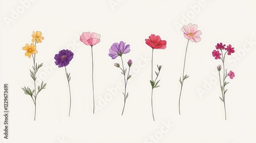 Eight watercolor wildflowers, various colors and types, isolated on white background.