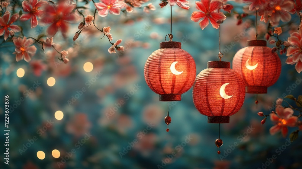Fototapeta premium Three red paper lanterns illuminated with a crescent moon design hang amidst blooming pink flowers and soft bokeh lights.