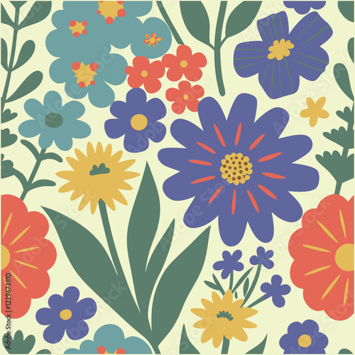 Abstract wildflower pattern. Blooming spring red,blue and off white flowers in elegant. Flowers in pastel colors.eps 10.
