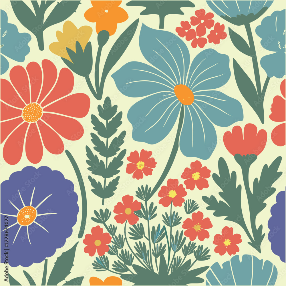 Abstract wildflower pattern. Blooming spring red,blue and off white flowers in elegant. Flowers in pastel colors.eps 10. Abstract wildflower pattern. Blooming spring red,blue and off white flowers in elegant. Flowers in pastel colors.eps 10.