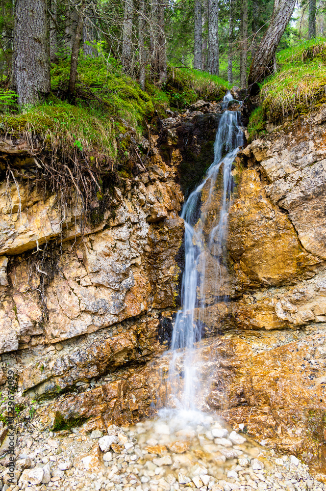 Small waterfall cascading down a rocky cliff in a lush forest of the Dolomites (Dolomiti, Dolomiten), Italy. The fresh water flows over moss-covered stones in nature