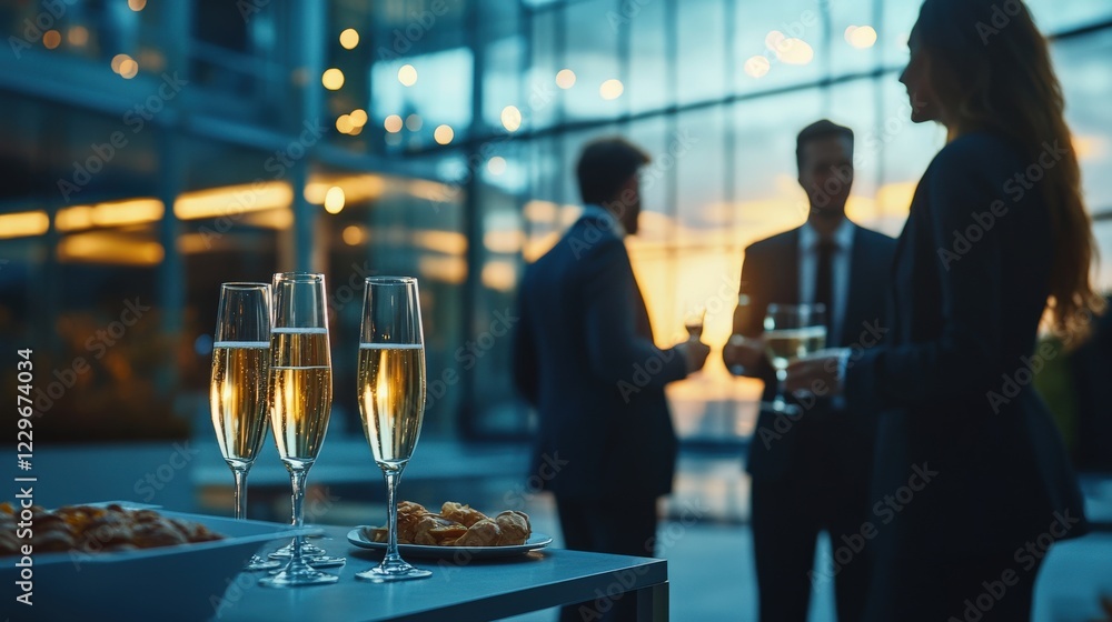 Blurred shot of business people at party in office center, standing and talking, backs turned, with food and champagne glasses on the table, creating a professional and elegant atmosphere Blurred shot of business people at party in office center, standing and talking, backs turned, with food and champagne glasses on the table, creating a professional and elegant atmosphere