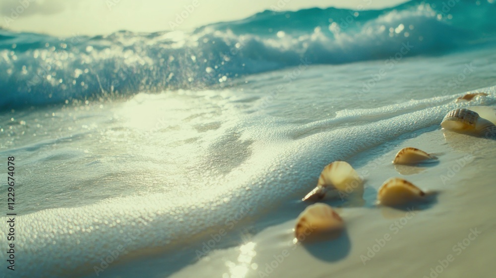 Seashells on sandy beach with ocean wave. Seashells on sandy beach with ocean wave.