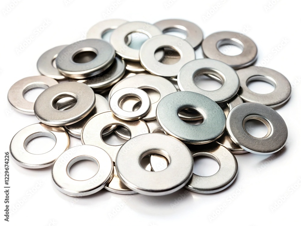 High-Resolution Image of Assorted Metal Washers Isolated on White Background - Perfect for Industrial, Mechanical, and Hardware Stock Photos