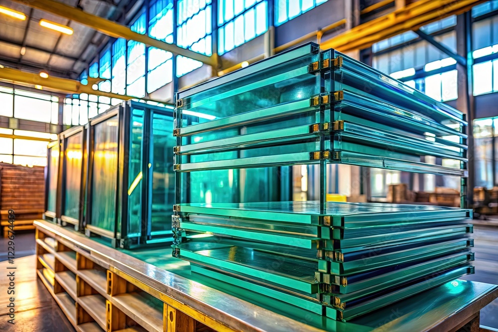 Insulated Glass Units Stacked on Support Stand in Workshop - Closeup Stock Photo Insulated Glass Units Stacked on Support Stand in Workshop - Closeup Stock Photo