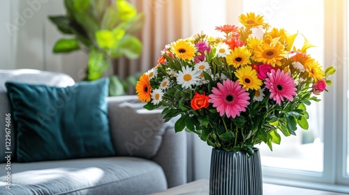 Wallpaper Mural Vibrant flower bouquet in vase on living room coffee table. Torontodigital.ca