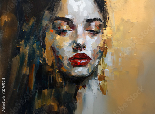 A close-up portrait painting of a woman with her eyes closed, featuring bold red lips and impasto brushstrokes.  The colors are warm and earthy, with gold and dark tones accenting her face and hair. photo