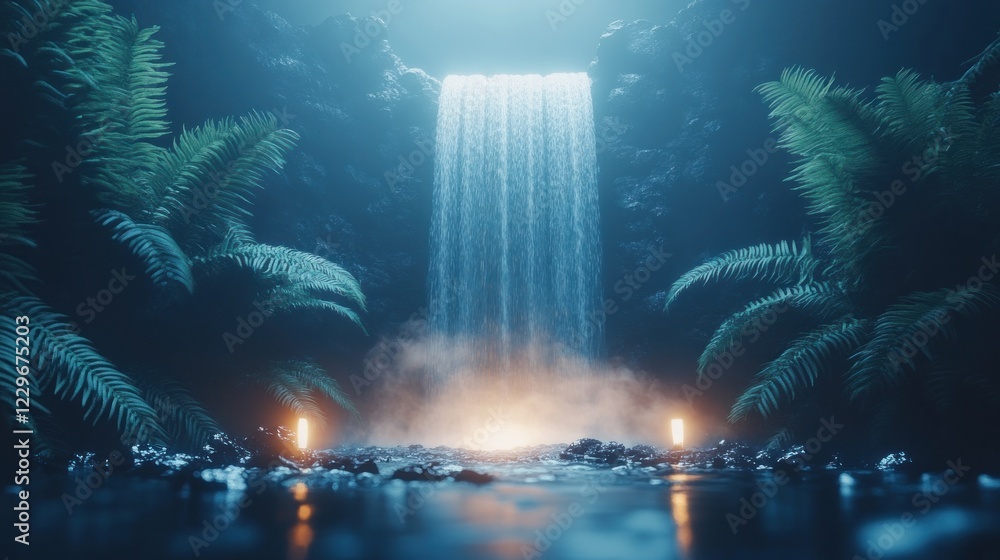 Mystical night waterfall cascading into a serene pool, illuminated by glowing lights amidst lush ferns. Mystical night waterfall cascading into a serene pool, illuminated by glowing lights amidst lush ferns.