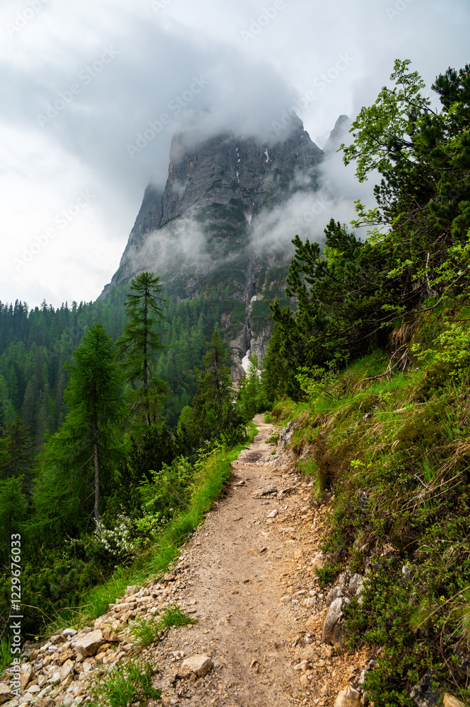 Mountain trail in the Dolomites (Dolomiti, Dolomiten), Italy, leading to Lago Sorapis. The path winds along rocky slopes with stunning views of valleys, forests, and peaks