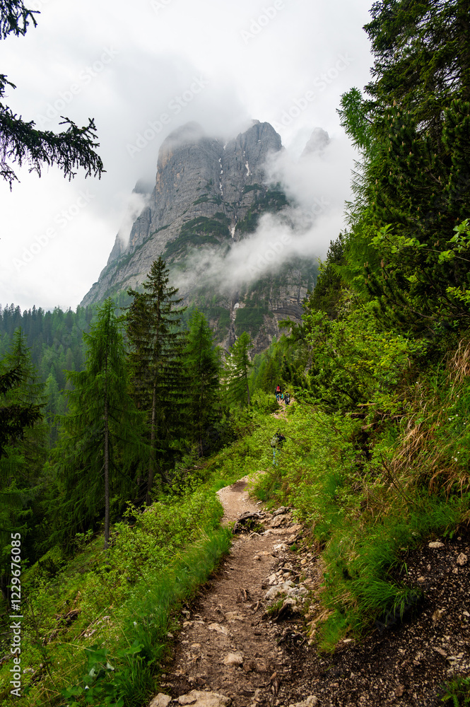 Mountain trail in the Dolomites (Dolomiti, Dolomiten), Italy, leading to Lago Sorapis. The path winds along rocky slopes with stunning views of valleys, forests, and peaks
