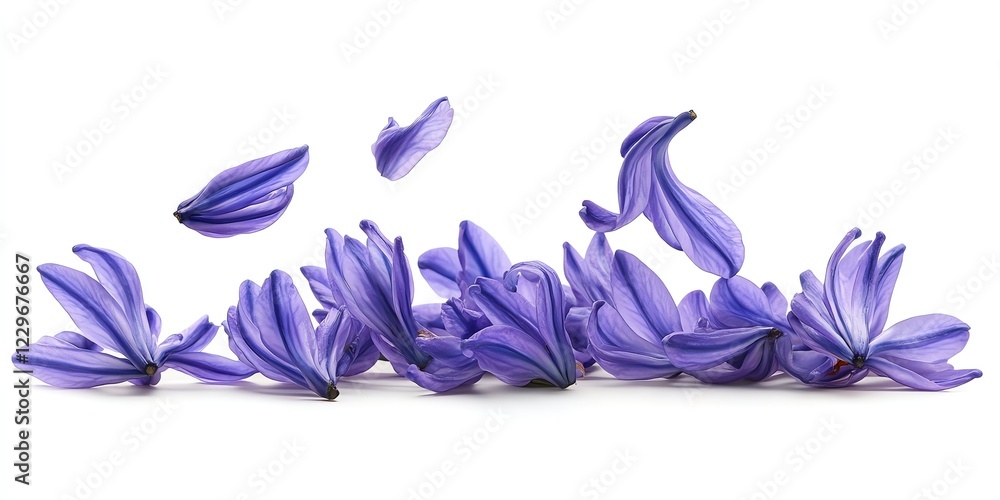 Fototapeta premium Floating Purple Hyacinth Petals on White Background